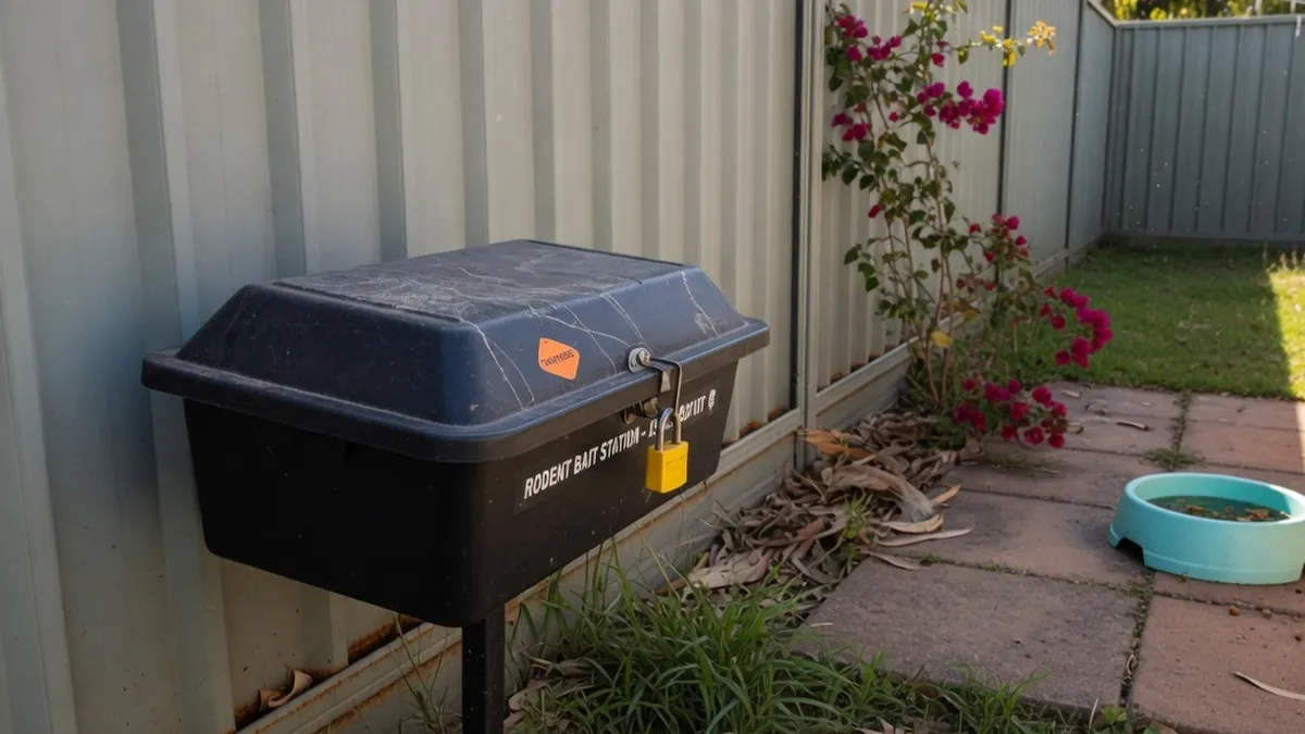 Locked rodent bait station on a backyard fence line
