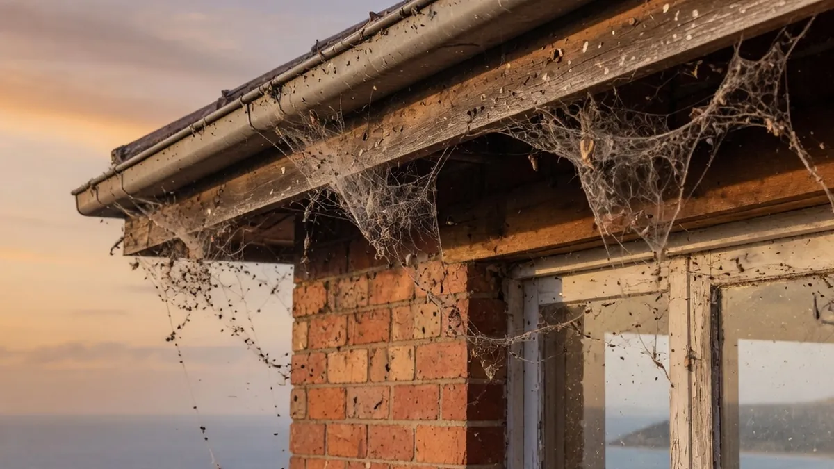 Cobwebs along eaves and a window of a brick house