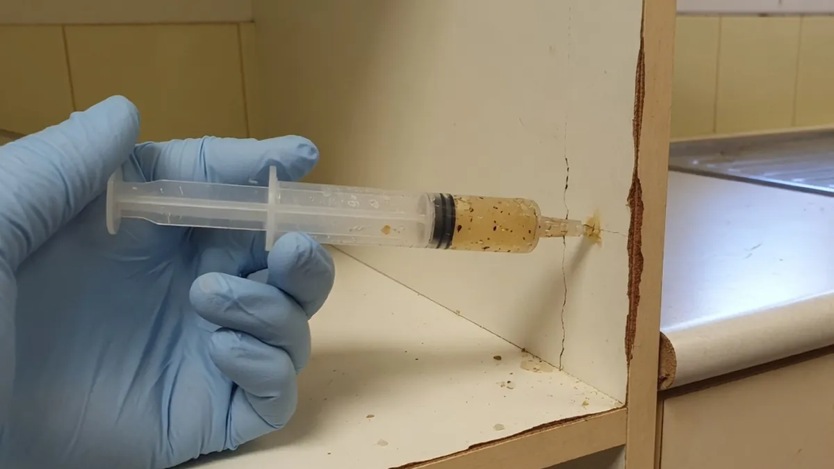Gel bait placed in a kitchen cabinet crack