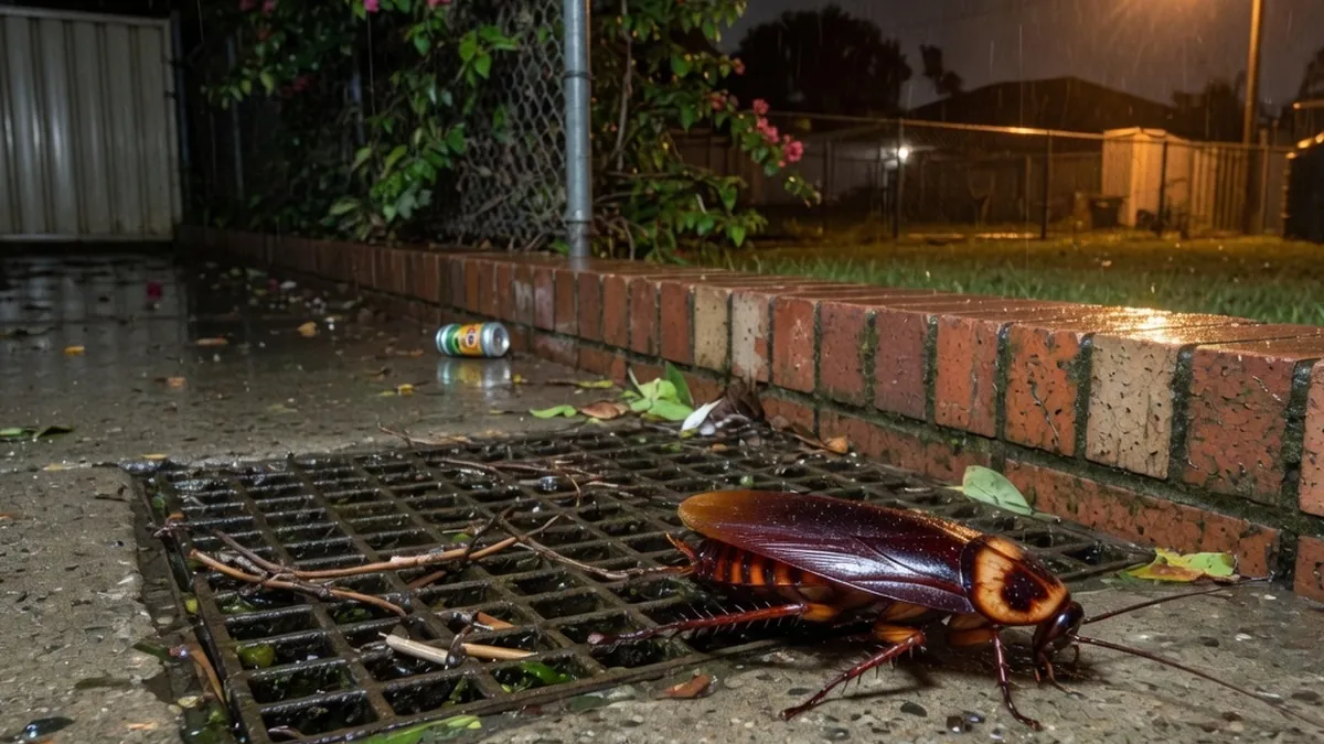 Outdoor cockroach beside a drain after rain