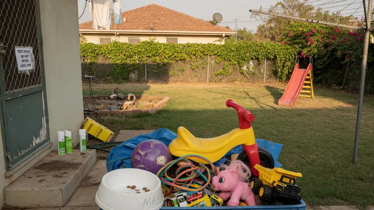 Toys and pet bowls packed away before spray