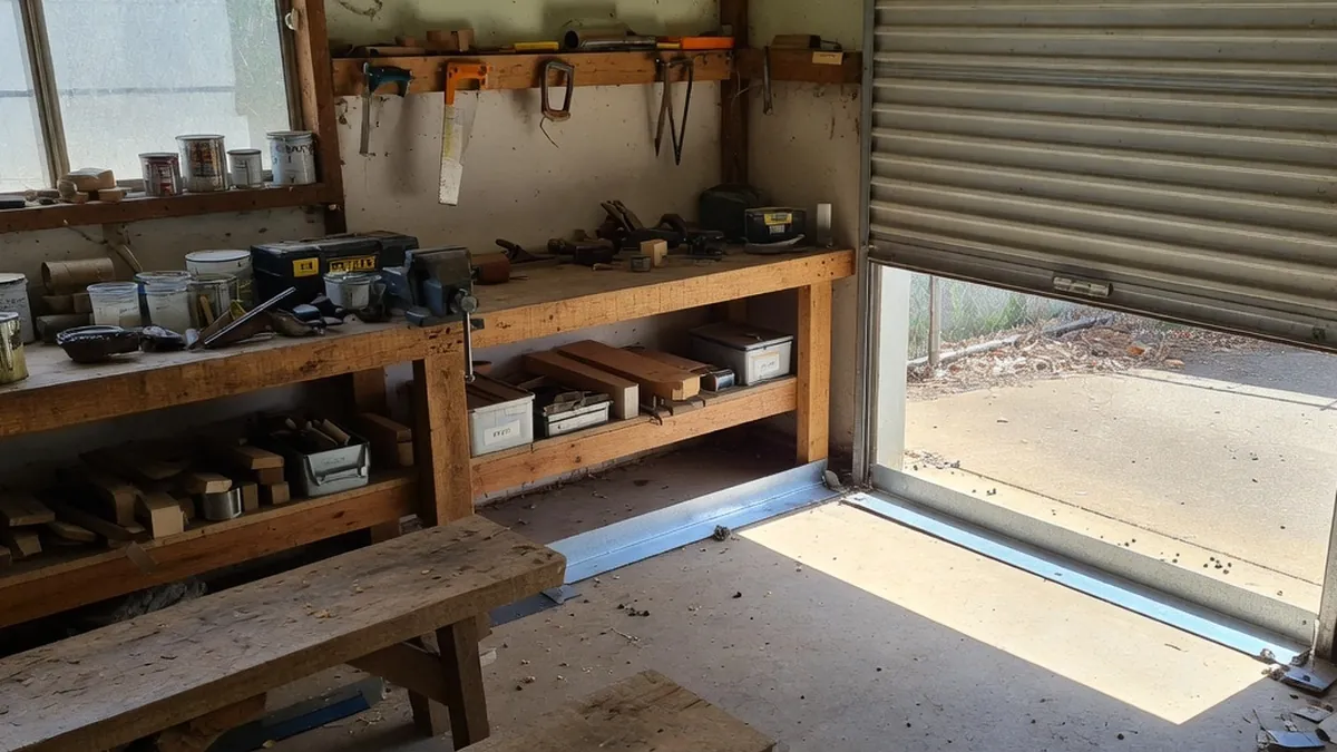 Workshop roller door and bench